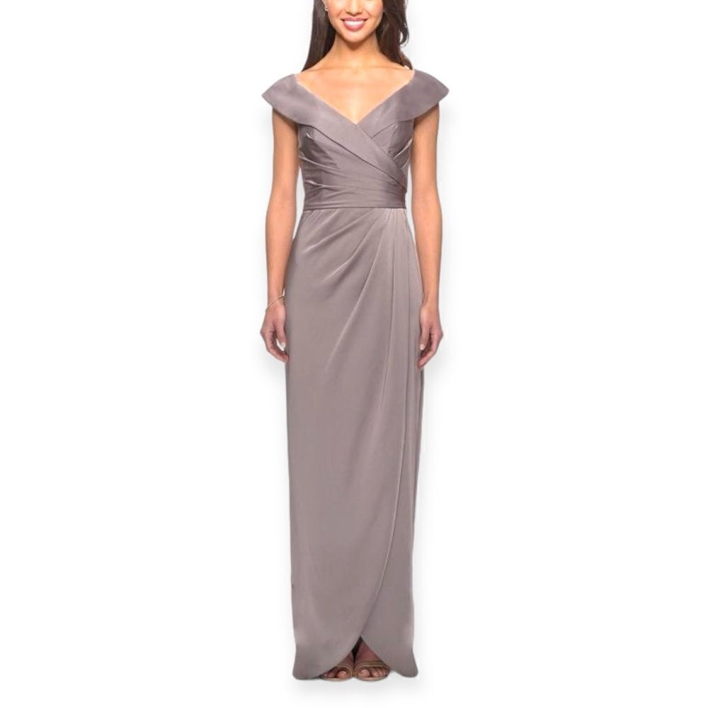 LA FEMME Surplice Off The Shoulder Column Gown In Pewter Size 0 NEW